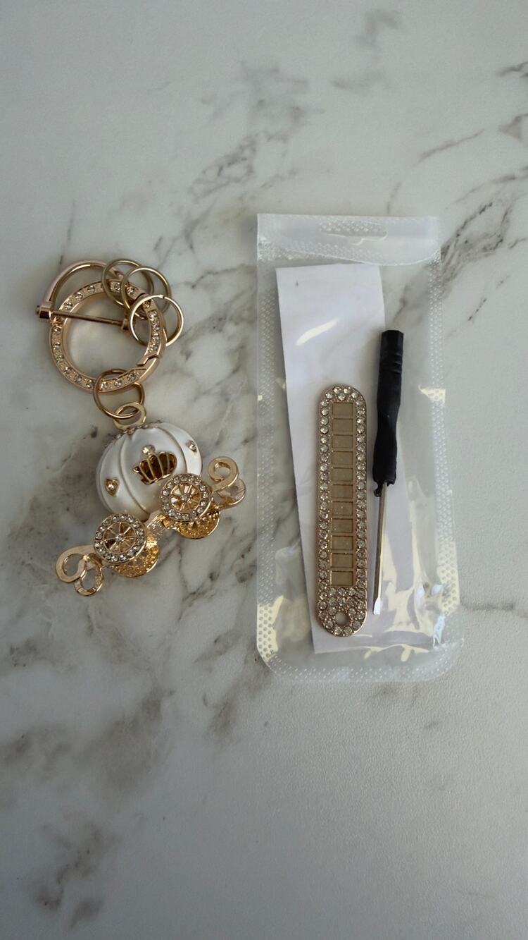 Rhinestone White Pumpkin Carriage Keychain Custom Phone Number Tag Charm Set NEW
